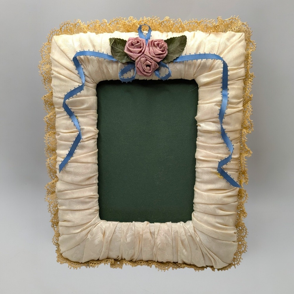 Vintage Grannycore Sateen Picture Frame Blue and Cream Floral Lace Handmade
